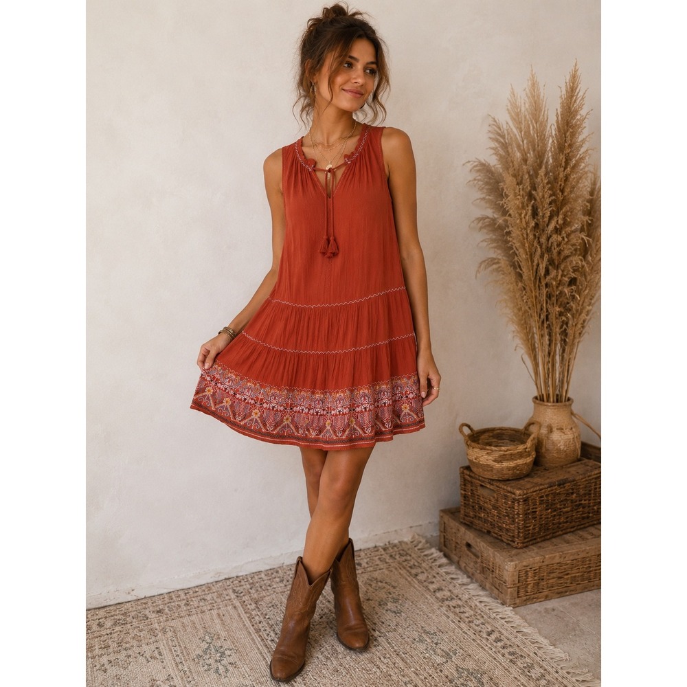 Max Studio Womens Rust Orange Embroidered Boho Tassel Mini Dress Small‎ A905L55E